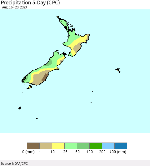 New Zealand Precipitation 5-Day (CPC) Thematic Map For 8/16/2023 - 8/20/2023