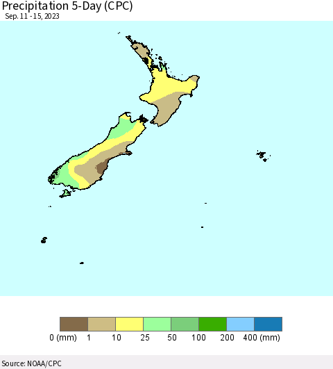 New Zealand Precipitation 5-Day (CPC) Thematic Map For 9/11/2023 - 9/15/2023