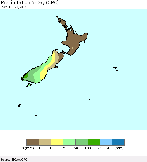 New Zealand Precipitation 5-Day (CPC) Thematic Map For 9/16/2023 - 9/20/2023