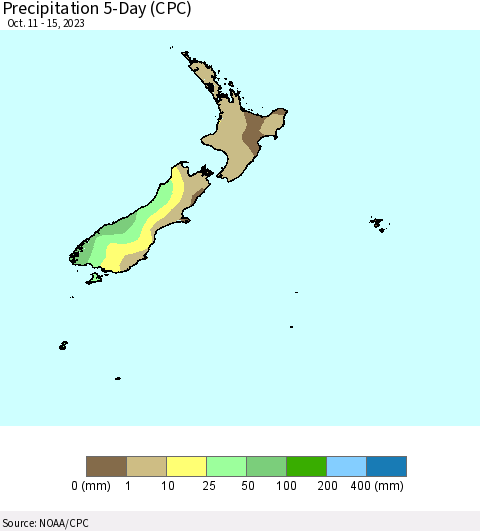 New Zealand Precipitation 5-Day (CPC) Thematic Map For 10/11/2023 - 10/15/2023