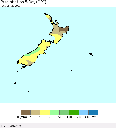 New Zealand Precipitation 5-Day (CPC) Thematic Map For 10/16/2023 - 10/20/2023