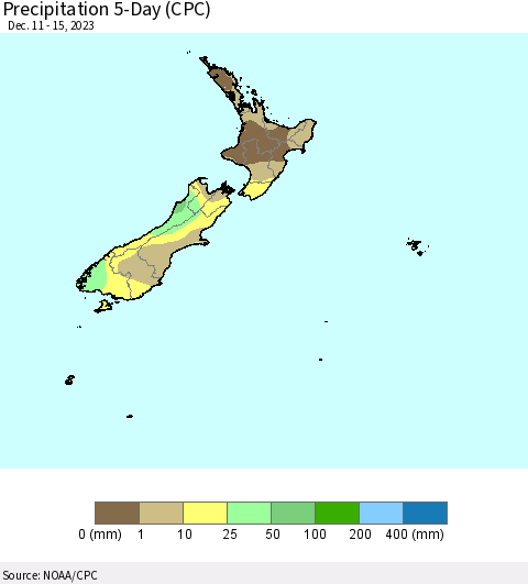 New Zealand Precipitation 5-Day (CPC) Thematic Map For 12/11/2023 - 12/15/2023