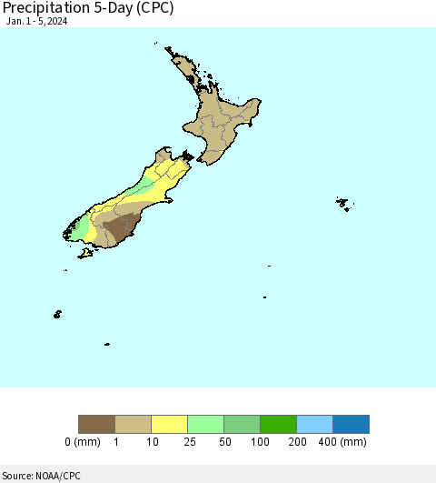 New Zealand Precipitation 5-Day (CPC) Thematic Map For 1/1/2024 - 1/5/2024