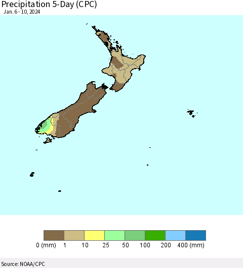 New Zealand Precipitation 5-Day (CPC) Thematic Map For 1/6/2024 - 1/10/2024