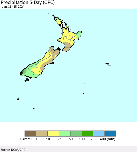 New Zealand Precipitation 5-Day (CPC) Thematic Map For 1/11/2024 - 1/15/2024