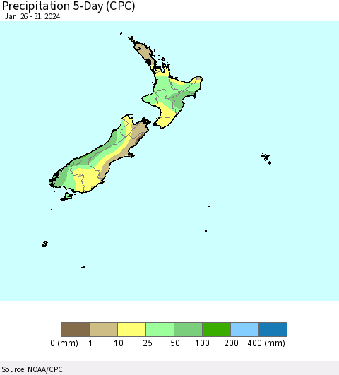 New Zealand Precipitation 5-Day (CPC) Thematic Map For 1/26/2024 - 1/31/2024
