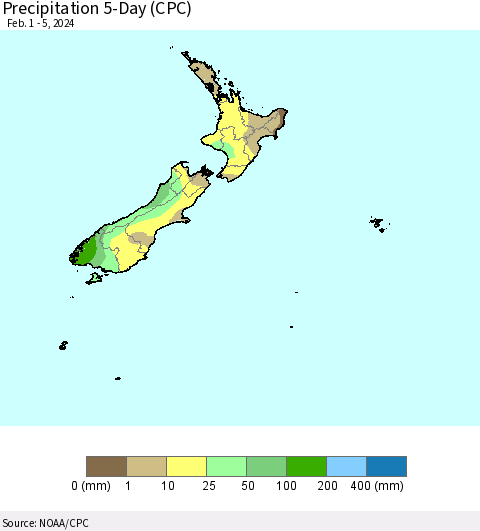 New Zealand Precipitation 5-Day (CPC) Thematic Map For 2/1/2024 - 2/5/2024