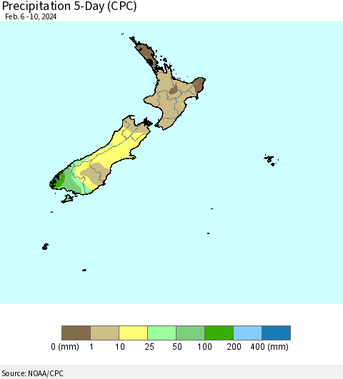 New Zealand Precipitation 5-Day (CPC) Thematic Map For 2/6/2024 - 2/10/2024