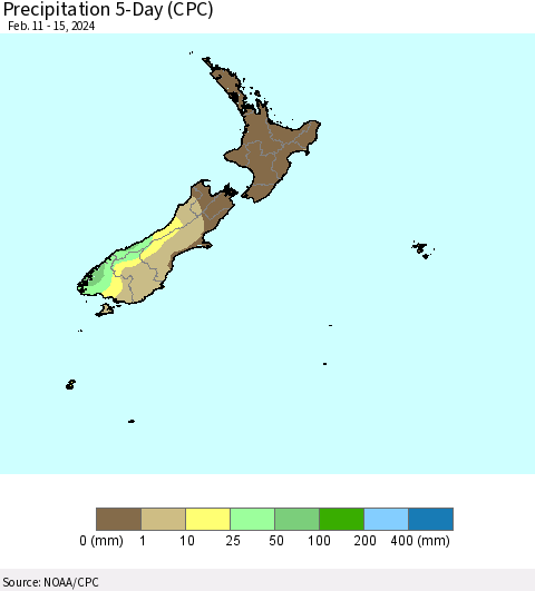 New Zealand Precipitation 5-Day (CPC) Thematic Map For 2/11/2024 - 2/15/2024