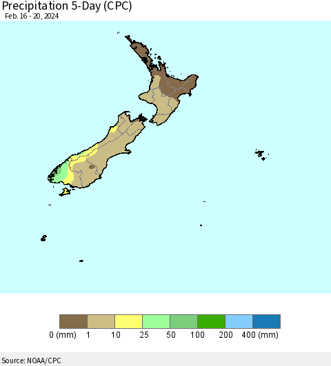 New Zealand Precipitation 5-Day (CPC) Thematic Map For 2/16/2024 - 2/20/2024