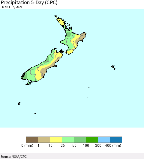 New Zealand Precipitation 5-Day (CPC) Thematic Map For 3/1/2024 - 3/5/2024