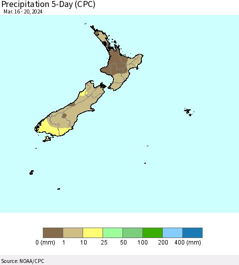 New Zealand Precipitation 5-Day (CPC) Thematic Map For 3/16/2024 - 3/20/2024