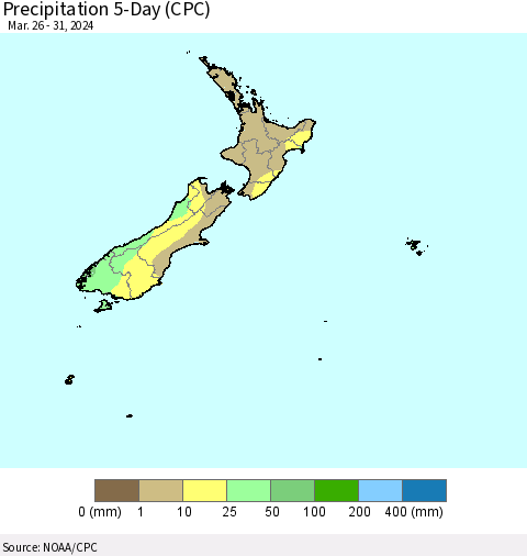 New Zealand Precipitation 5-Day (CPC) Thematic Map For 3/26/2024 - 3/31/2024