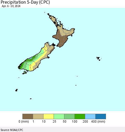 New Zealand Precipitation 5-Day (CPC) Thematic Map For 4/6/2024 - 4/10/2024