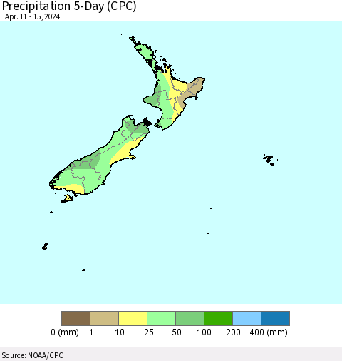 New Zealand Precipitation 5-Day (CPC) Thematic Map For 4/11/2024 - 4/15/2024