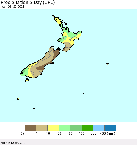 New Zealand Precipitation 5-Day (CPC) Thematic Map For 4/16/2024 - 4/20/2024