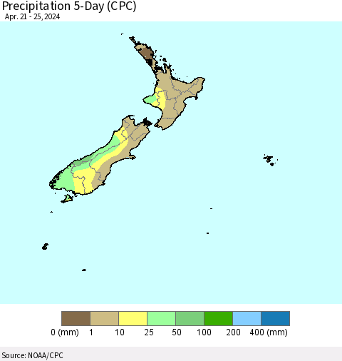 New Zealand Precipitation 5-Day (CPC) Thematic Map For 4/21/2024 - 4/25/2024