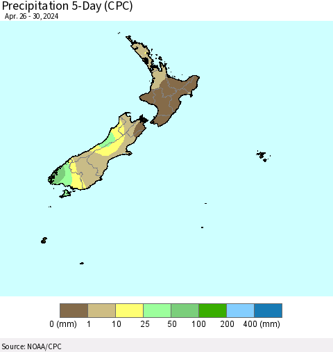 New Zealand Precipitation 5-Day (CPC) Thematic Map For 4/26/2024 - 4/30/2024