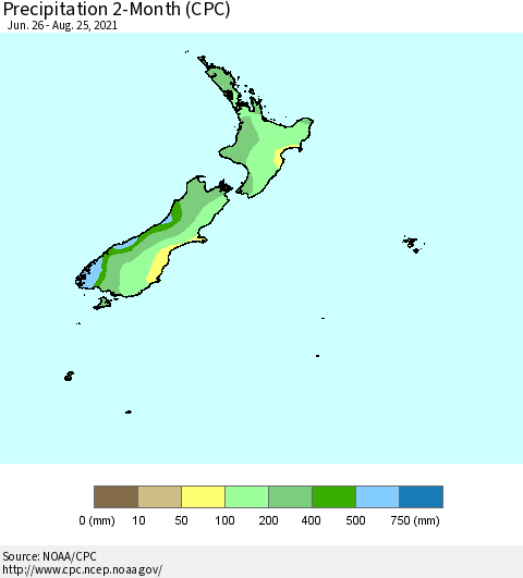 New Zealand Precipitation 2-Month (CPC) Thematic Map For 6/26/2021 - 8/25/2021