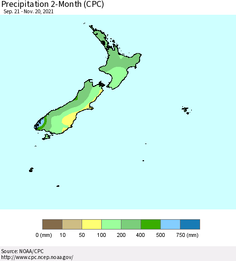 New Zealand Precipitation 2-Month (CPC) Thematic Map For 9/21/2021 - 11/20/2021