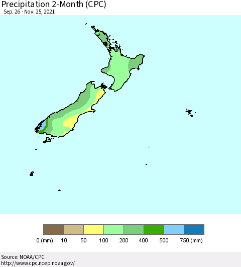 New Zealand Precipitation 2-Month (CPC) Thematic Map For 9/26/2021 - 11/25/2021