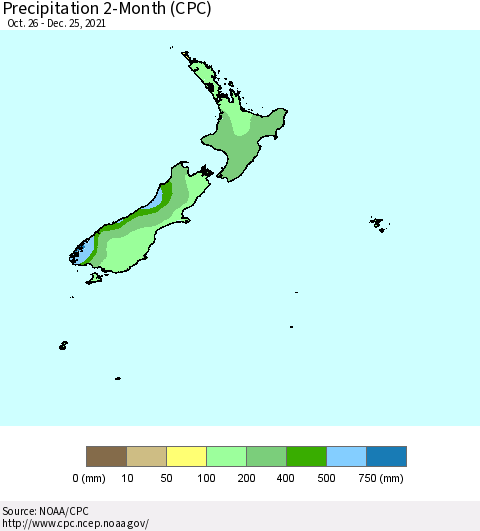 New Zealand Precipitation 2-Month (CPC) Thematic Map For 10/26/2021 - 12/25/2021