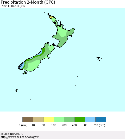New Zealand Precipitation 2-Month (CPC) Thematic Map For 11/1/2021 - 12/31/2021