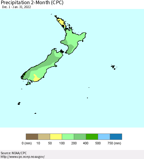 New Zealand Precipitation 2-Month (CPC) Thematic Map For 12/1/2021 - 1/31/2022