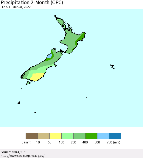 New Zealand Precipitation 2-Month (CPC) Thematic Map For 2/1/2022 - 3/31/2022