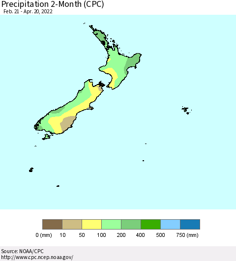 New Zealand Precipitation 2-Month (CPC) Thematic Map For 2/21/2022 - 4/20/2022