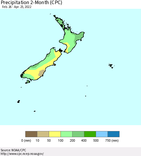 New Zealand Precipitation 2-Month (CPC) Thematic Map For 2/26/2022 - 4/25/2022