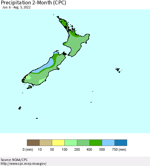 New Zealand Precipitation 2-Month (CPC) Thematic Map For 6/6/2022 - 8/5/2022