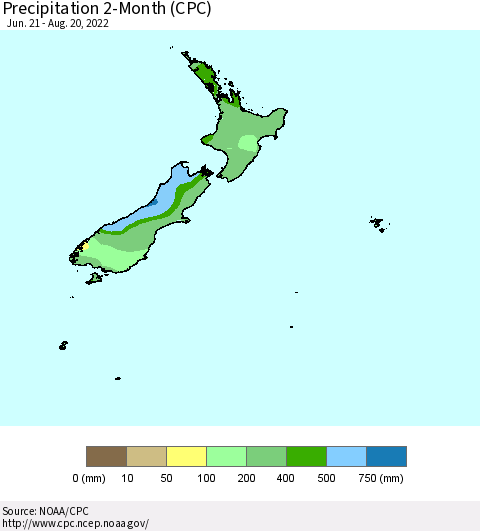 New Zealand Precipitation 2-Month (CPC) Thematic Map For 6/21/2022 - 8/20/2022