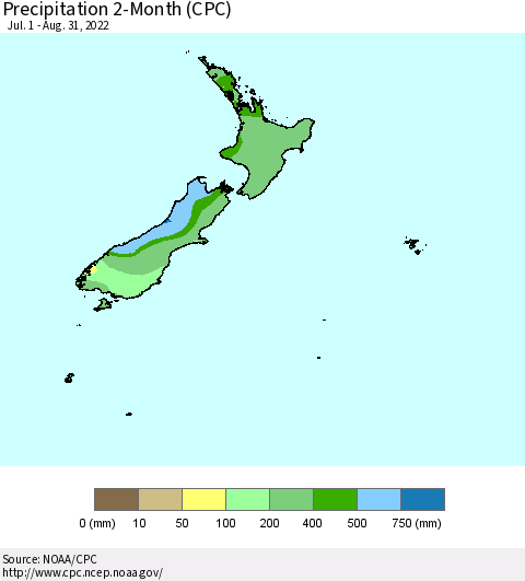 New Zealand Precipitation 2-Month (CPC) Thematic Map For 7/1/2022 - 8/31/2022