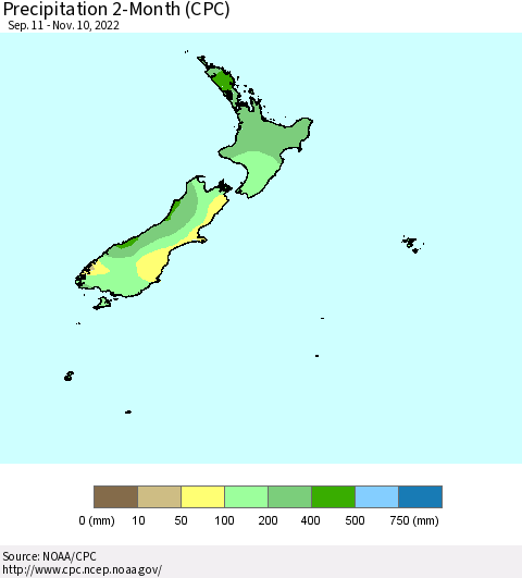 New Zealand Precipitation 2-Month (CPC) Thematic Map For 9/11/2022 - 11/10/2022