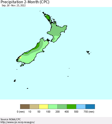 New Zealand Precipitation 2-Month (CPC) Thematic Map For 9/26/2022 - 11/25/2022