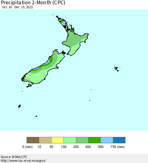 New Zealand Precipitation 2-Month (CPC) Thematic Map For 10/16/2022 - 12/15/2022