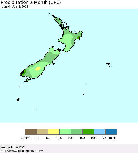 New Zealand Precipitation 2-Month (CPC) Thematic Map For 6/6/2023 - 8/5/2023