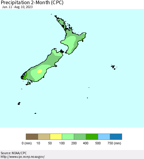 New Zealand Precipitation 2-Month (CPC) Thematic Map For 6/11/2023 - 8/10/2023