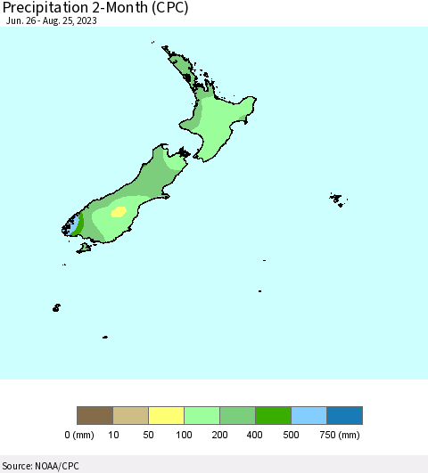 New Zealand Precipitation 2-Month (CPC) Thematic Map For 6/26/2023 - 8/25/2023