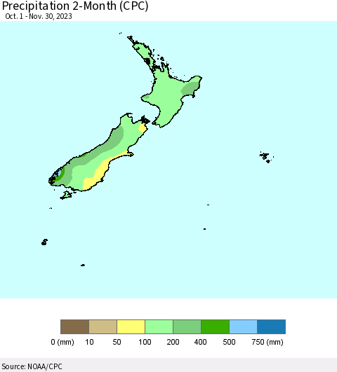 New Zealand Precipitation 2-Month (CPC) Thematic Map For 10/1/2023 - 11/30/2023