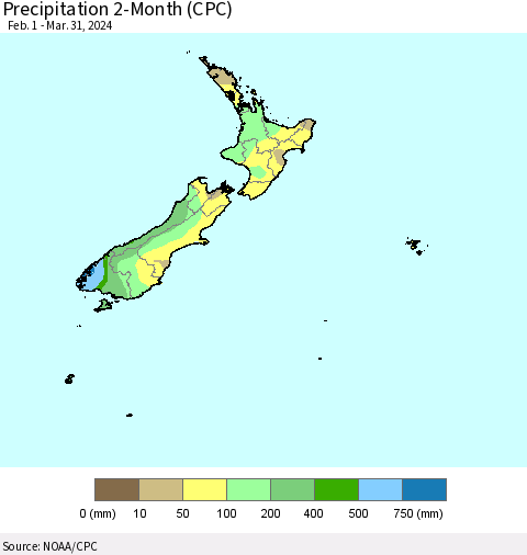 New Zealand Precipitation 2-Month (CPC) Thematic Map For 2/1/2024 - 3/31/2024
