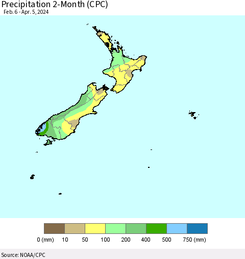 New Zealand Precipitation 2-Month (CPC) Thematic Map For 2/6/2024 - 4/5/2024