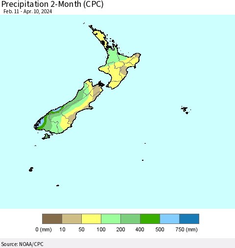 New Zealand Precipitation 2-Month (CPC) Thematic Map For 2/11/2024 - 4/10/2024