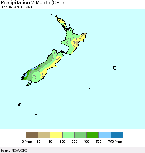 New Zealand Precipitation 2-Month (CPC) Thematic Map For 2/16/2024 - 4/15/2024