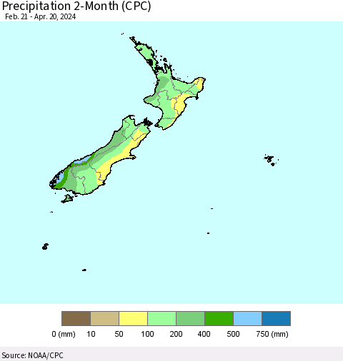 New Zealand Precipitation 2-Month (CPC) Thematic Map For 2/21/2024 - 4/20/2024