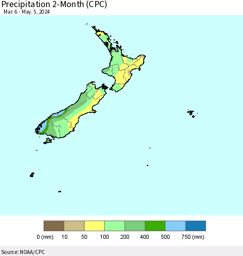 New Zealand Precipitation 2-Month (CPC) Thematic Map For 3/6/2024 - 5/5/2024