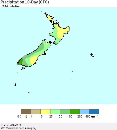 New Zealand Precipitation 10-Day (CPC) Thematic Map For 8/6/2021 - 8/15/2021