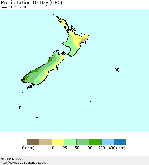 New Zealand Precipitation 10-Day (CPC) Thematic Map For 8/11/2021 - 8/20/2021