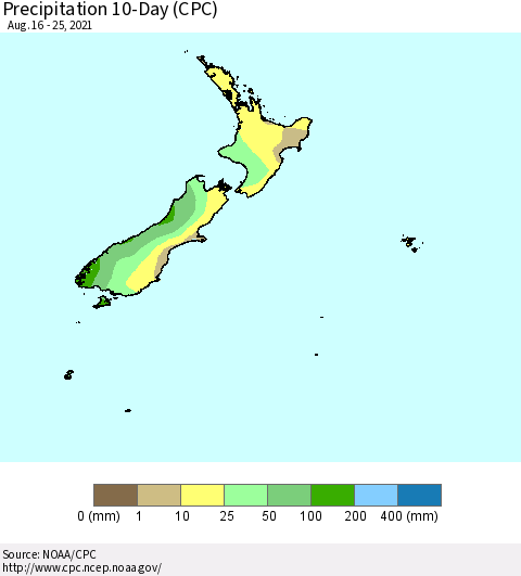 New Zealand Precipitation 10-Day (CPC) Thematic Map For 8/16/2021 - 8/25/2021